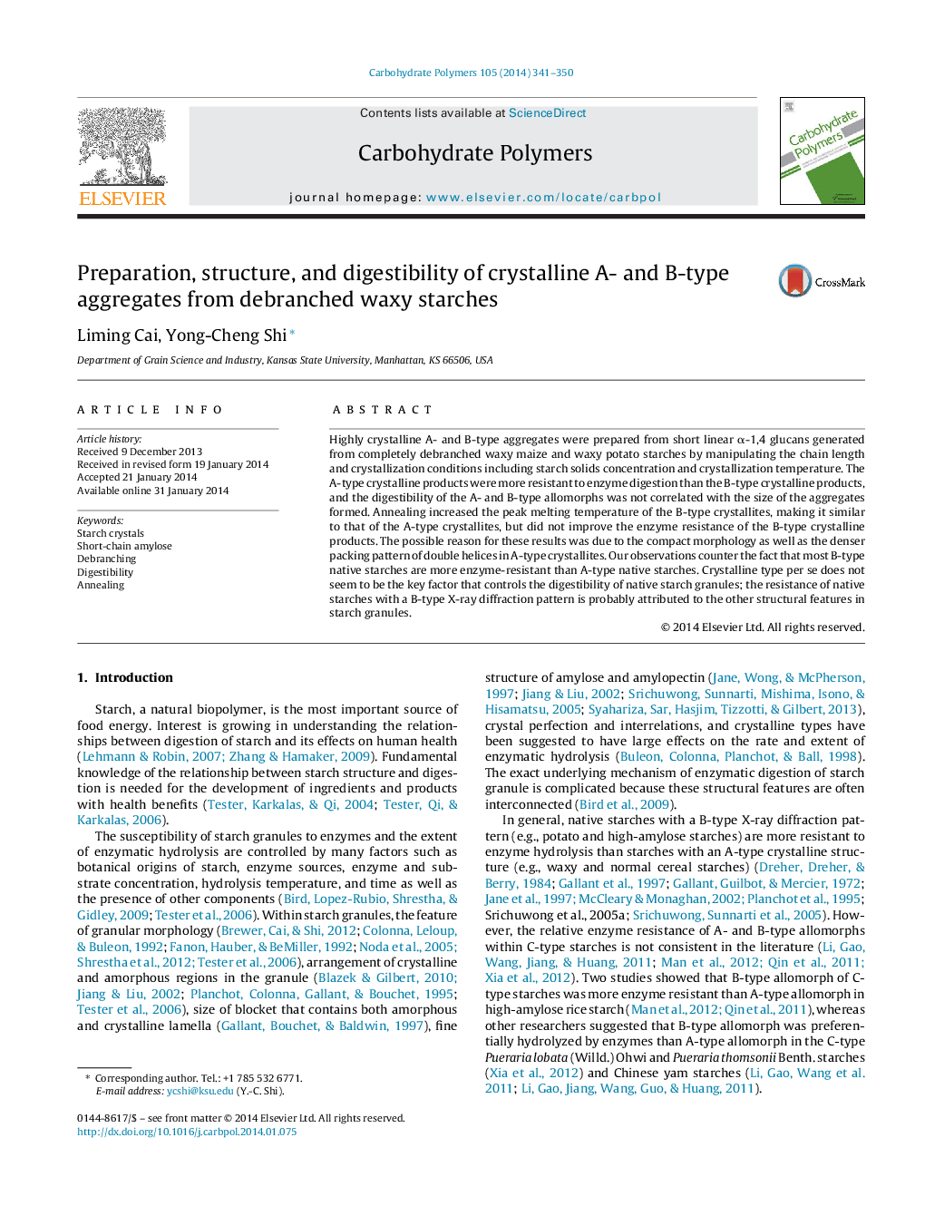 Preparation, structure, and digestibility of crystalline A- and B-type aggregates from debranched waxy starches