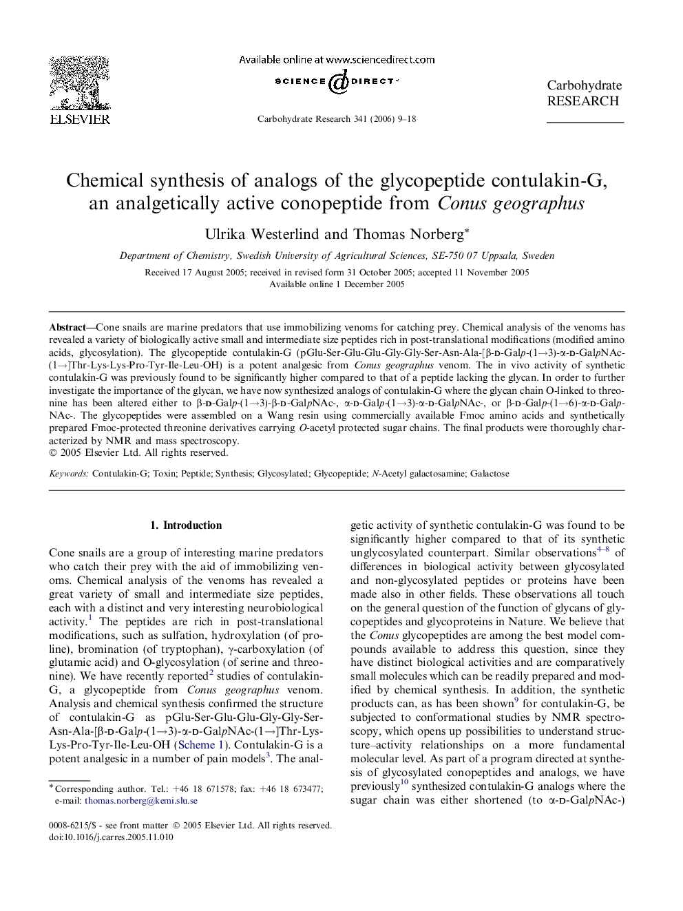 Chemical synthesis of analogs of the glycopeptide contulakin-G, an analgetically active conopeptide from Conus geographus