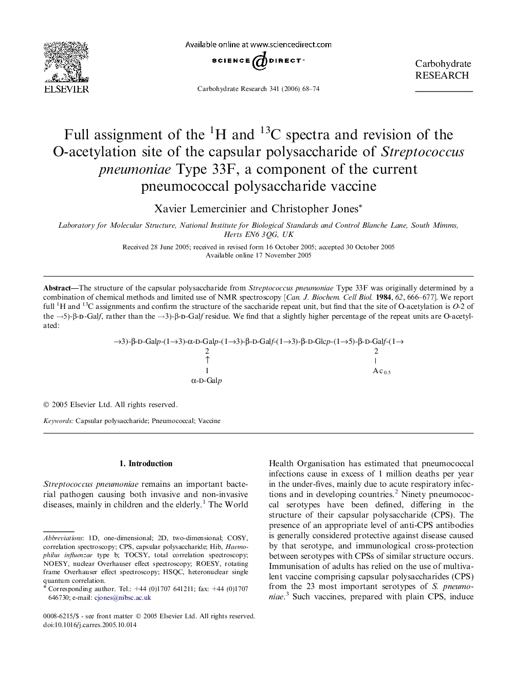 Full assignment of the 1H and 13C spectra and revision of the O-acetylation site of the capsular polysaccharide of Streptococcus pneumoniae Type 33F, a component of the current pneumococcal polysaccharide vaccine