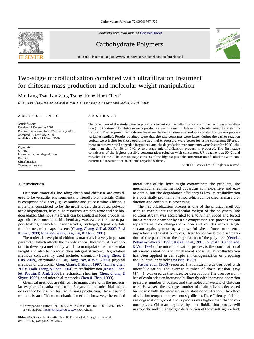 Two-stage microfluidization combined with ultrafiltration treatment for chitosan mass production and molecular weight manipulation