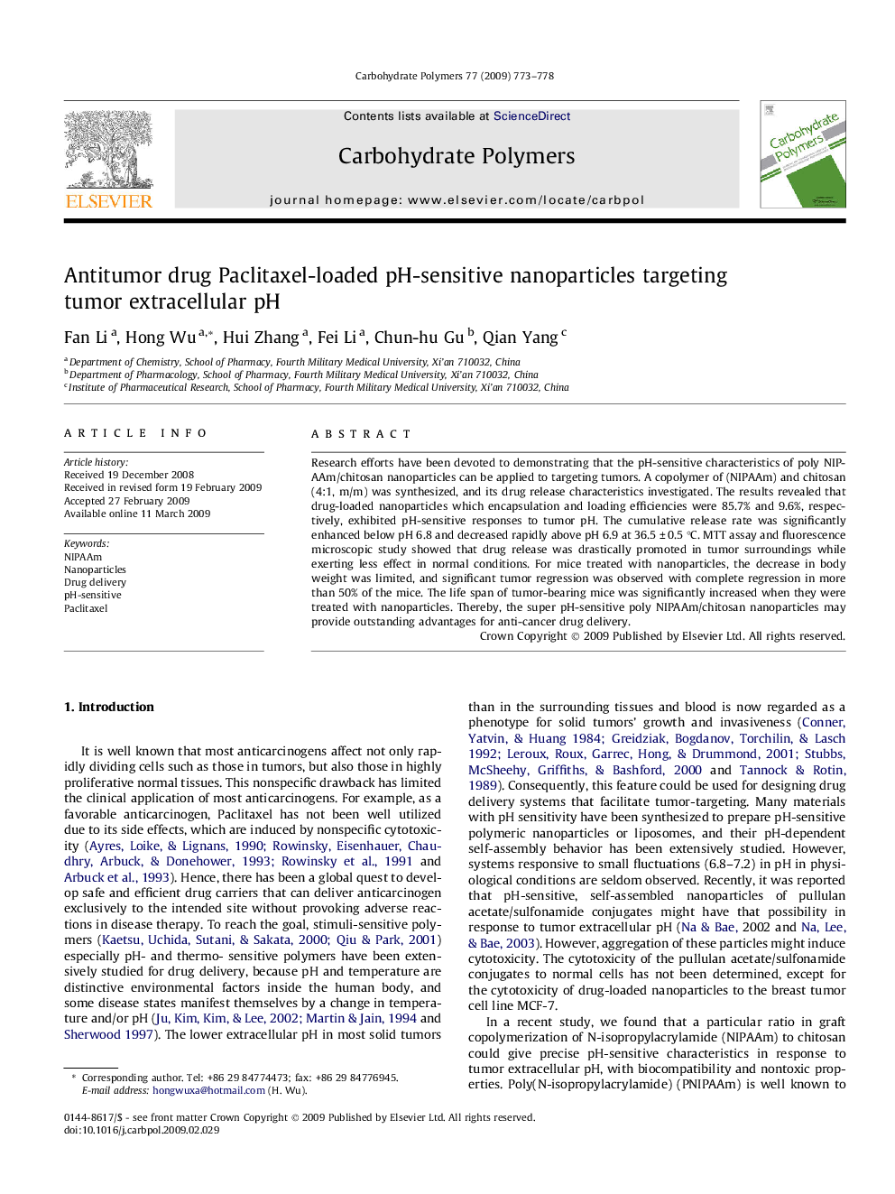 Antitumor drug Paclitaxel-loaded pH-sensitive nanoparticles targeting tumor extracellular pH