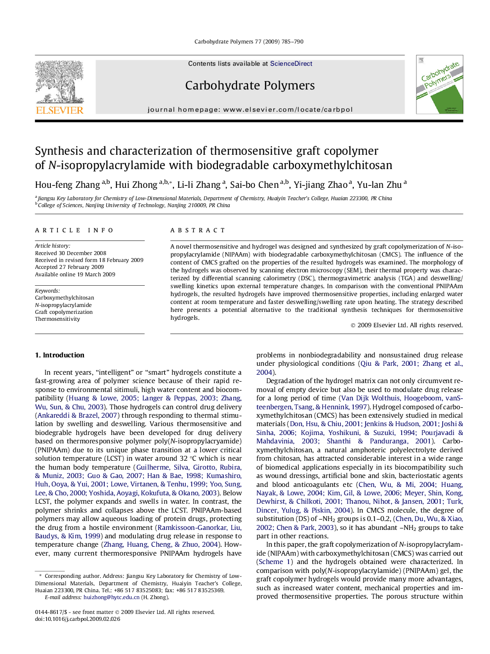 Synthesis and characterization of thermosensitive graft copolymer of N-isopropylacrylamide with biodegradable carboxymethylchitosan