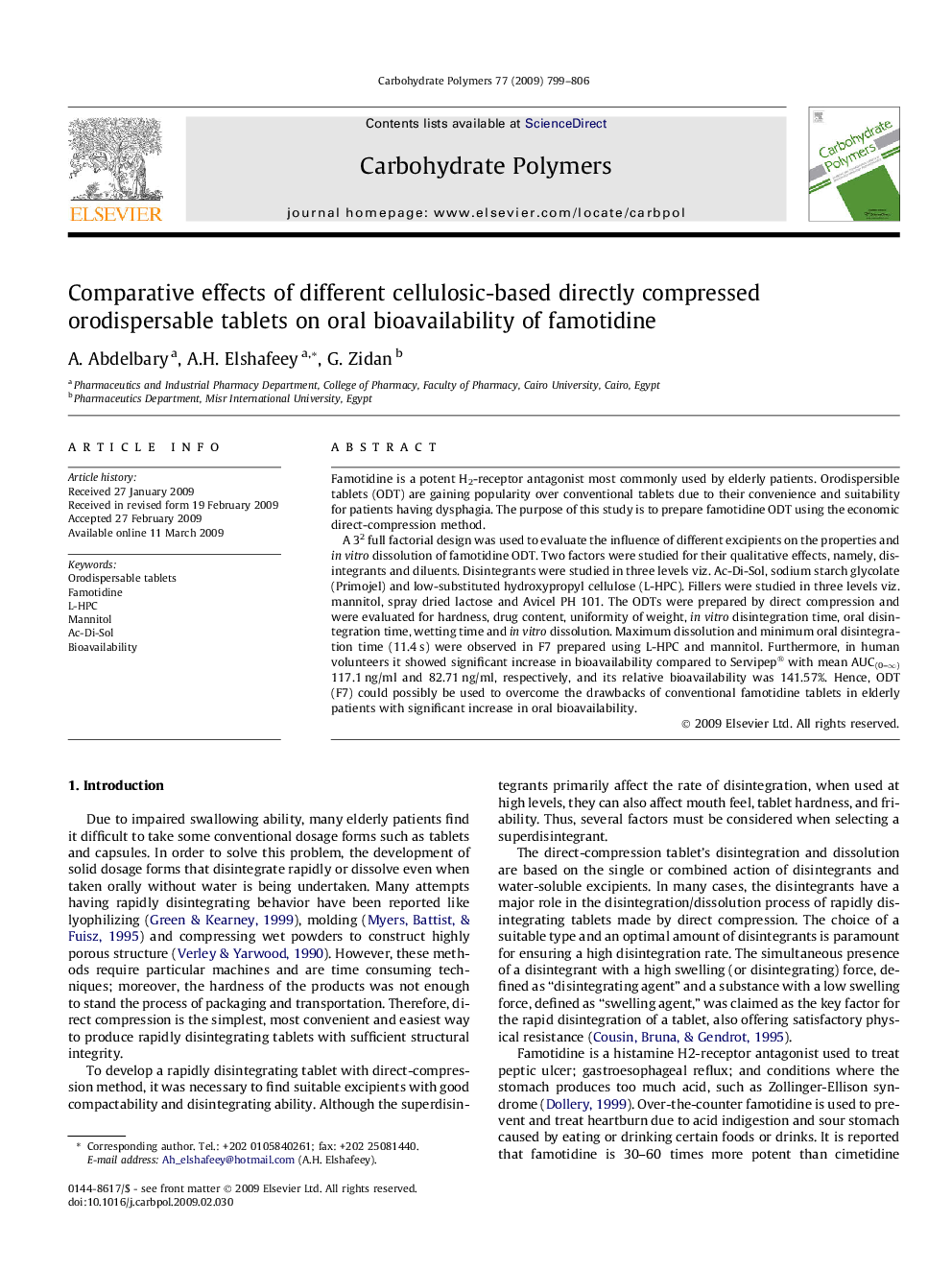 عکس صفحه اول مقاله: Comparative effects of different cellulosic-based directly compressed orodispersable tablets on oral bioavailability of famotidine Comparative effects of different cellulosic-based directly compressed orodispersable tablets on oral bioavailability of famotidine