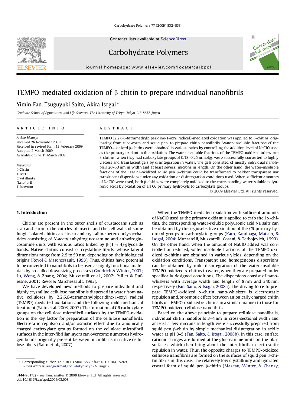 TEMPO-mediated oxidation of β-chitin to prepare individual nanofibrils