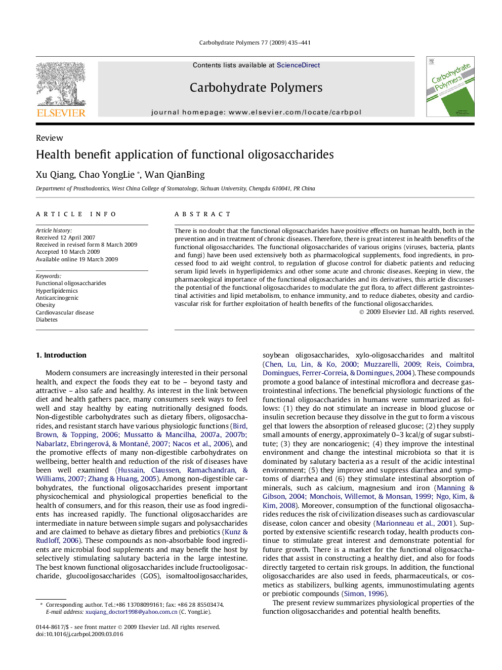 Health benefit application of functional oligosaccharides