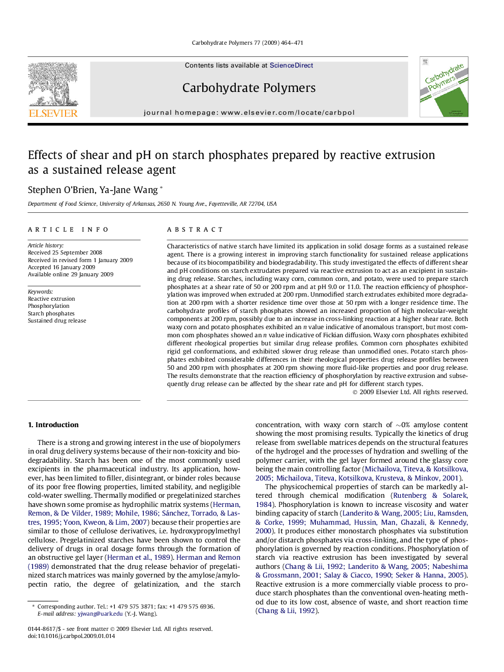 Effects of shear and pH on starch phosphates prepared by reactive extrusion as a sustained release agent