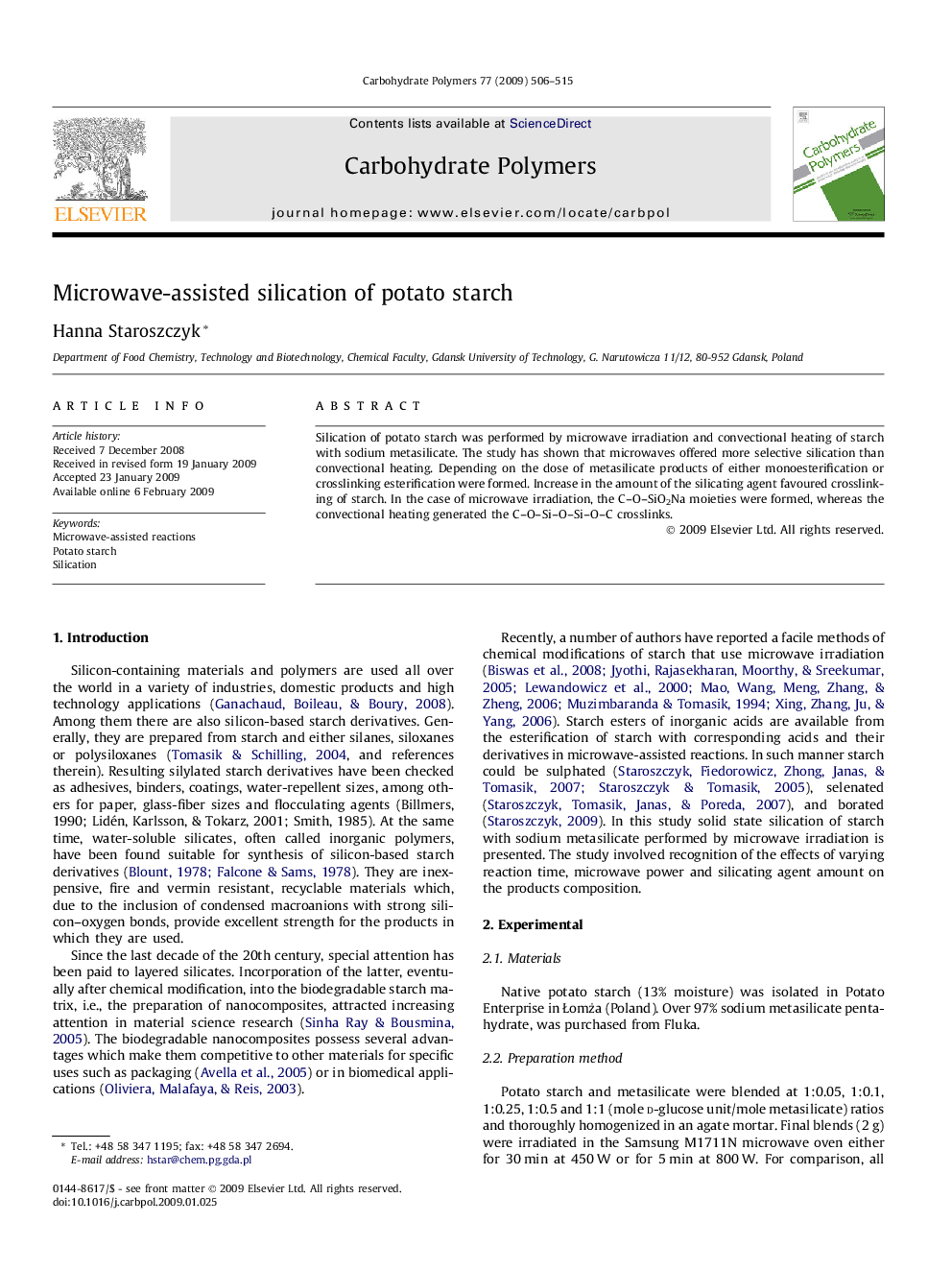 Microwave-assisted silication of potato starch