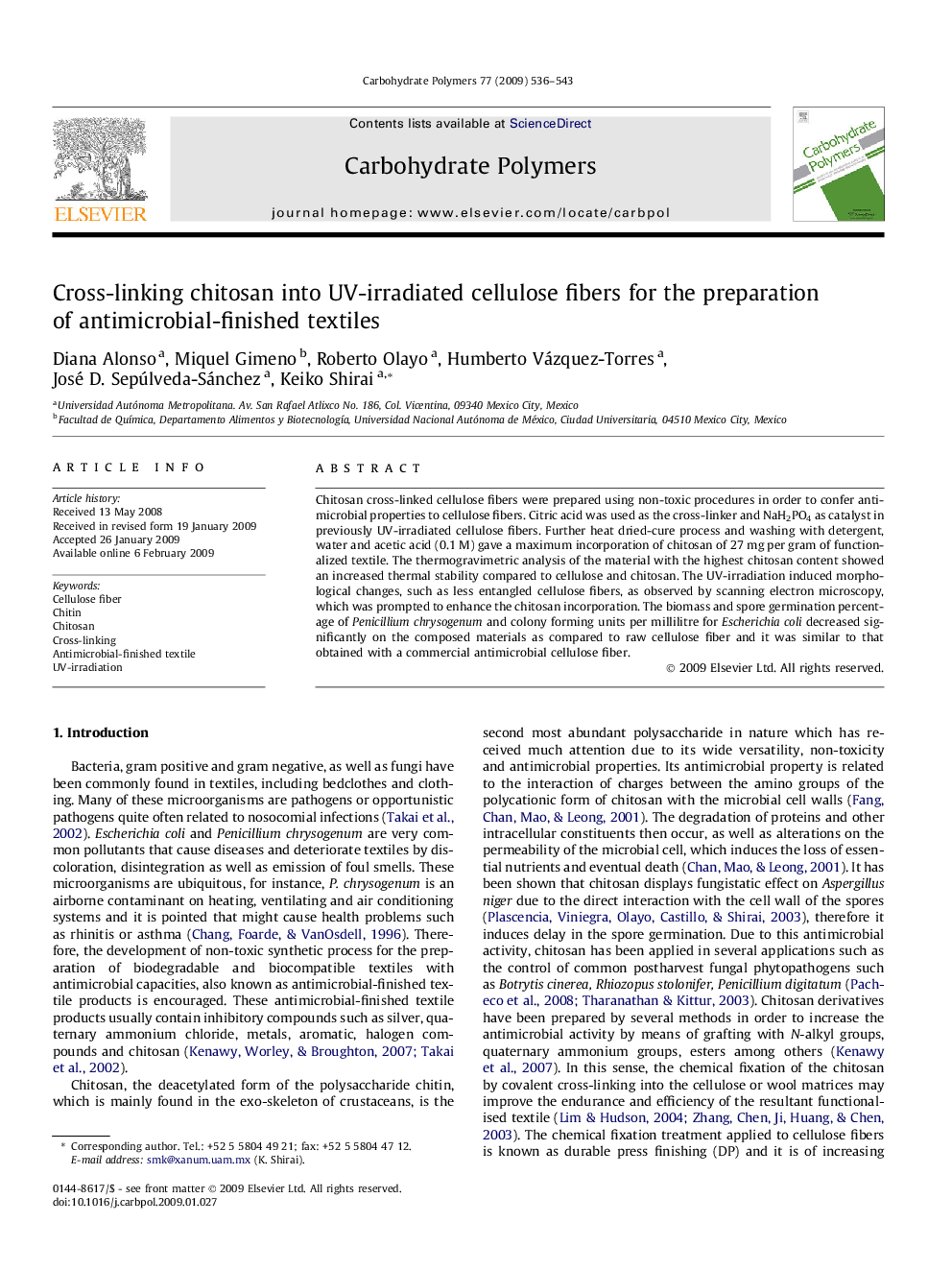 Cross-linking chitosan into UV-irradiated cellulose fibers for the preparation of antimicrobial-finished textiles