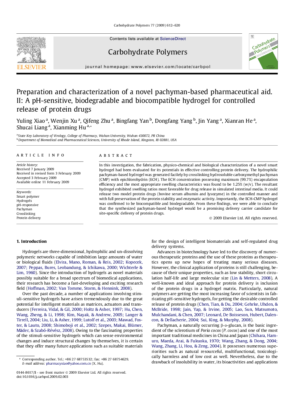 Preparation and characterization of a novel pachyman-based pharmaceutical aid. II: A pH-sensitive, biodegradable and biocompatible hydrogel for controlled release of protein drugs