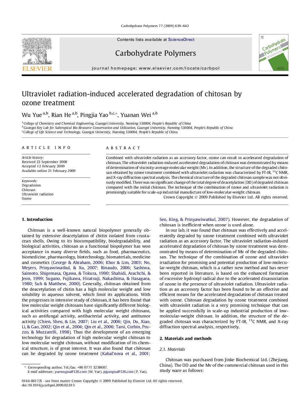 Ultraviolet radiation-induced accelerated degradation of chitosan by ozone treatment