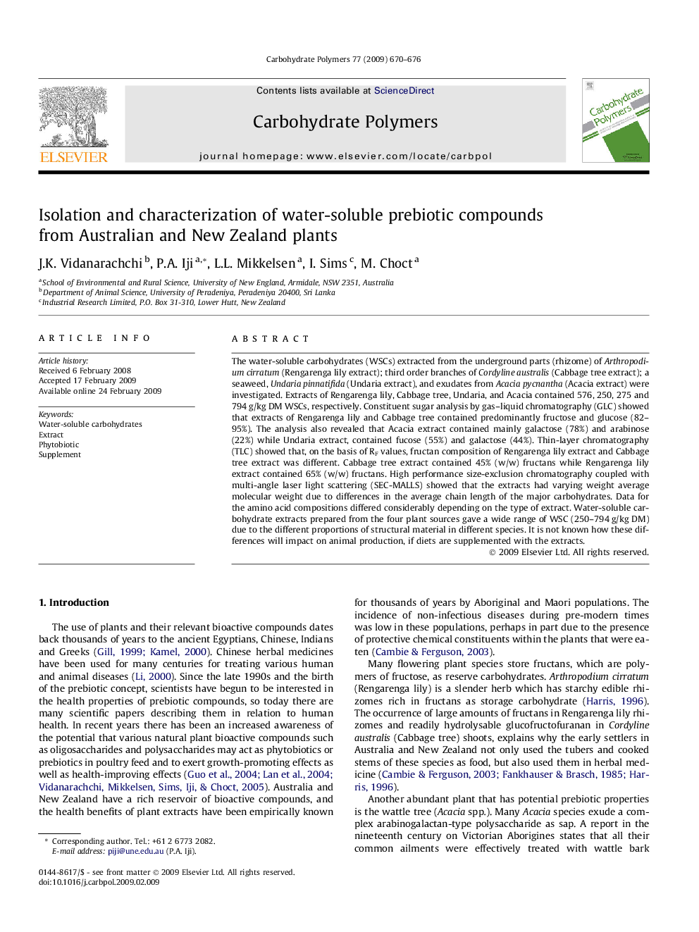 Isolation and characterization of water-soluble prebiotic compounds from Australian and New Zealand plants