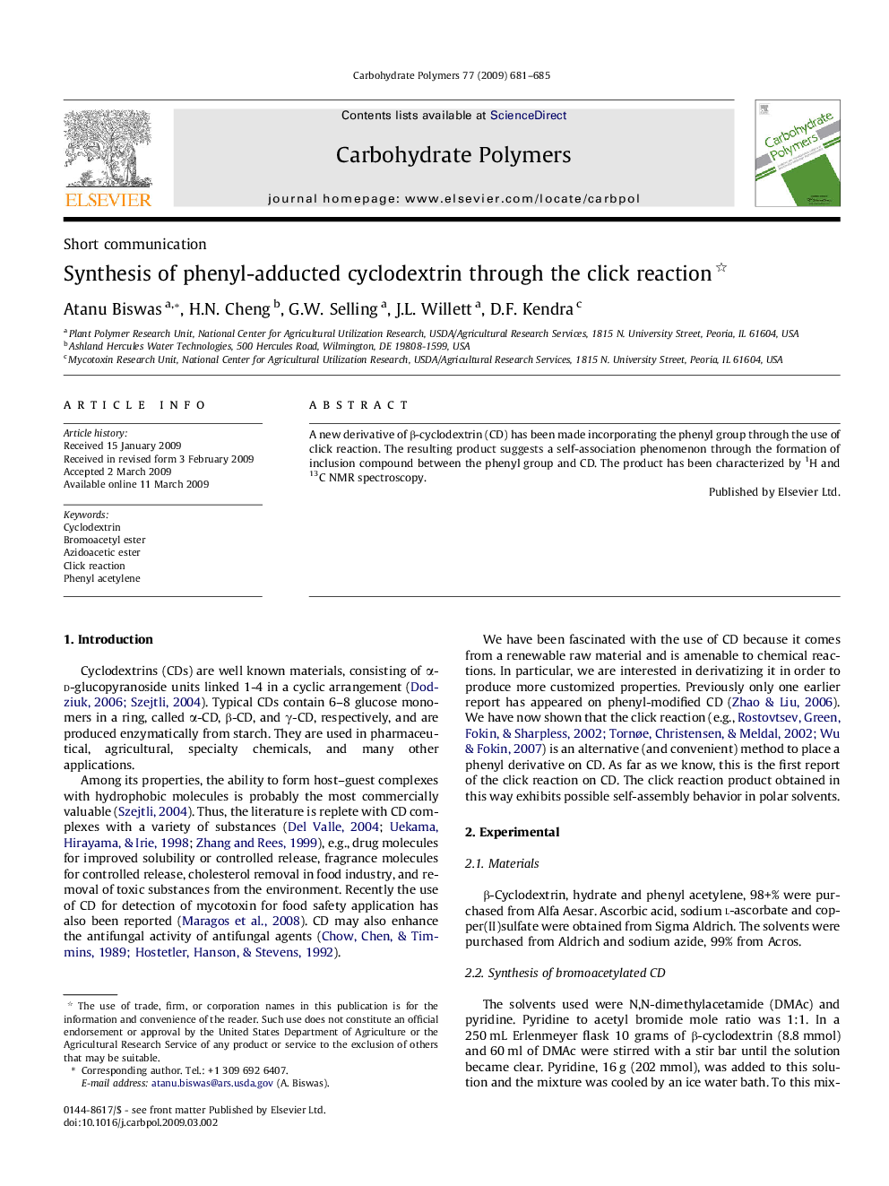 Synthesis of phenyl-adducted cyclodextrin through the click reaction 