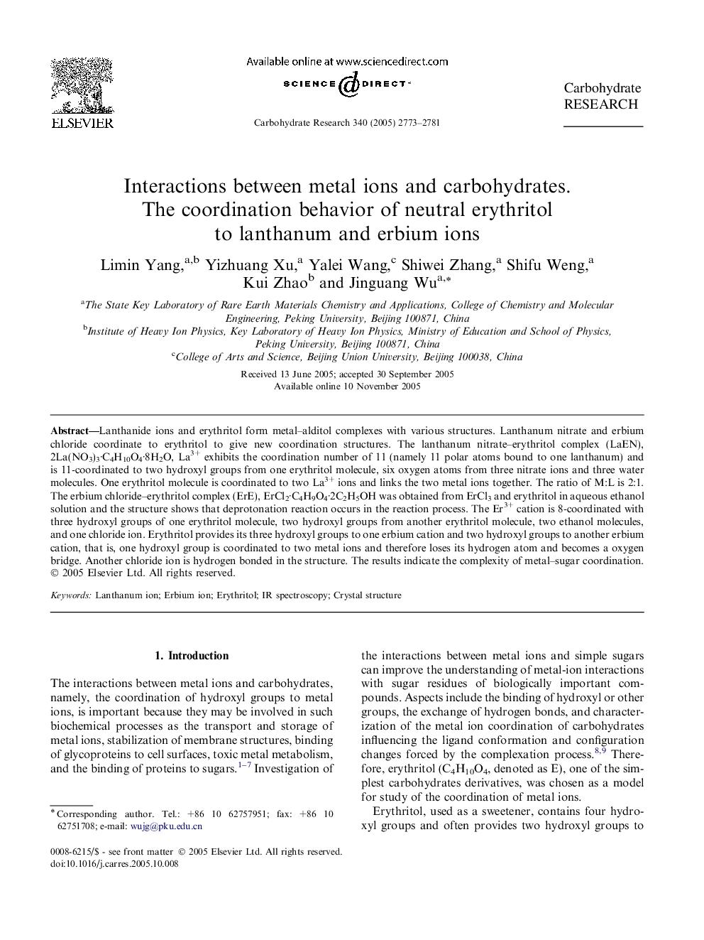 Interactions between metal ions and carbohydrates. The coordination behavior of neutral erythritol to lanthanum and erbium ions