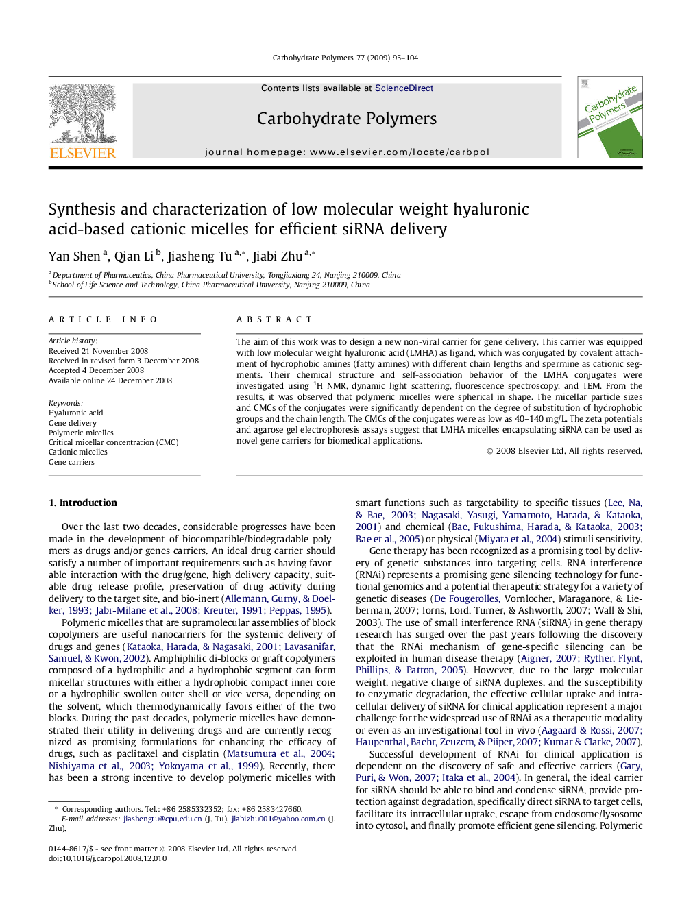 Synthesis and characterization of low molecular weight hyaluronic acid-based cationic micelles for efficient siRNA delivery