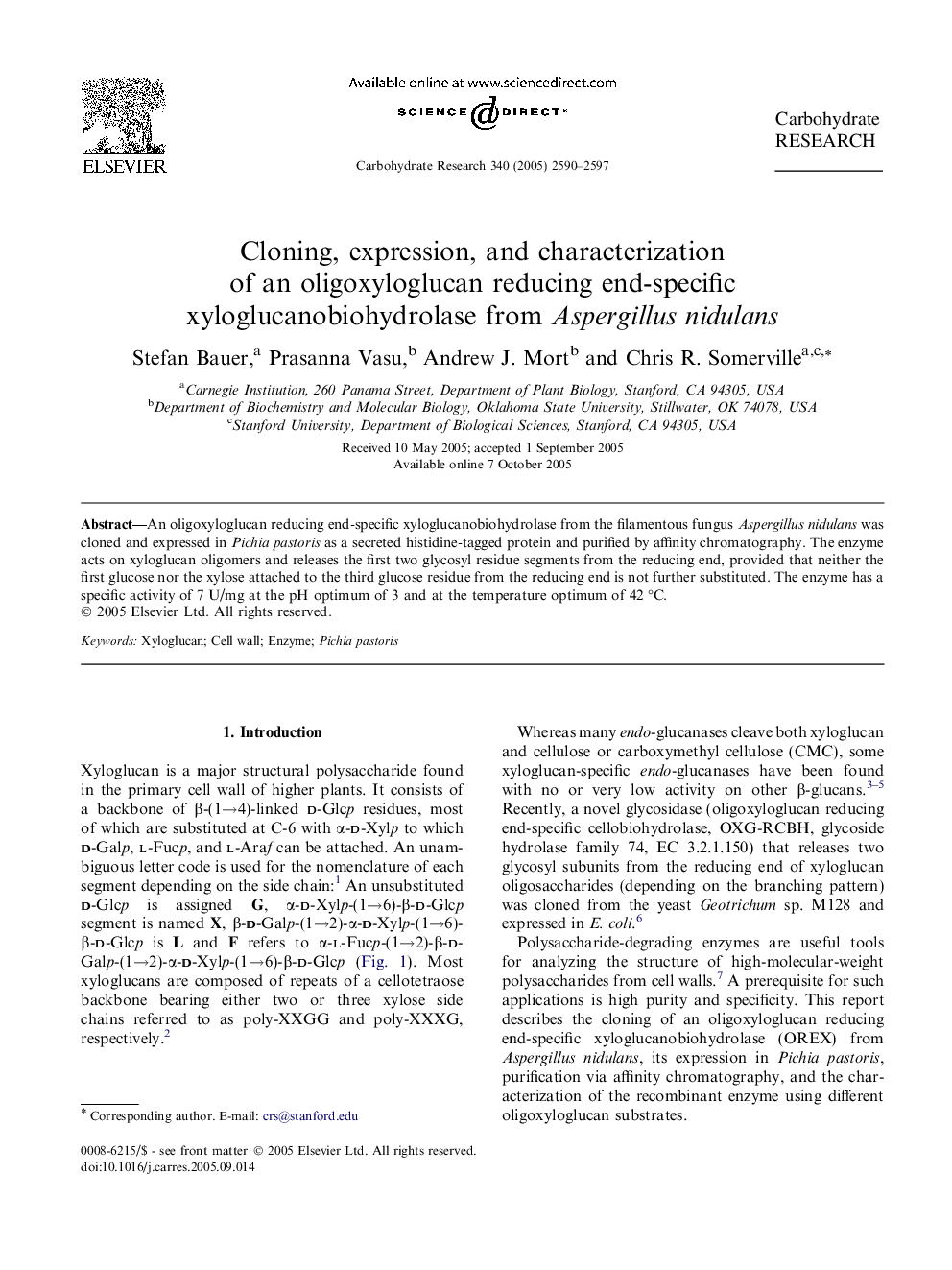 Cloning, expression, and characterization of an oligoxyloglucan reducing end-specific xyloglucanobiohydrolase from Aspergillus nidulans