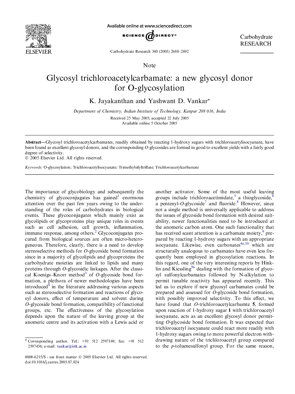 Glycosyl trichloroacetylcarbamate: a new glycosyl donor for O-glycosylation