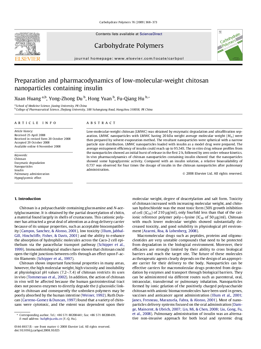 Preparation and pharmacodynamics of low-molecular-weight chitosan nanoparticles containing insulin