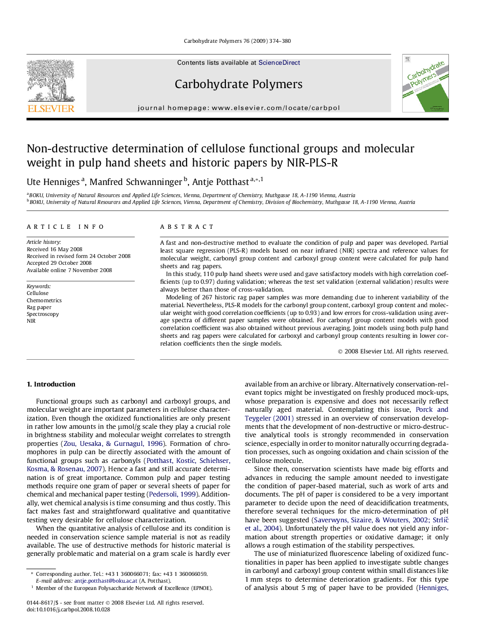 Non-destructive determination of cellulose functional groups and molecular weight in pulp hand sheets and historic papers by NIR-PLS-R