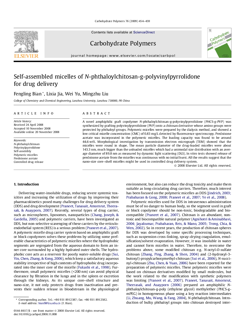 Self-assembled micelles of N-phthaloylchitosan-g-polyvinylpyrrolidone for drug delivery