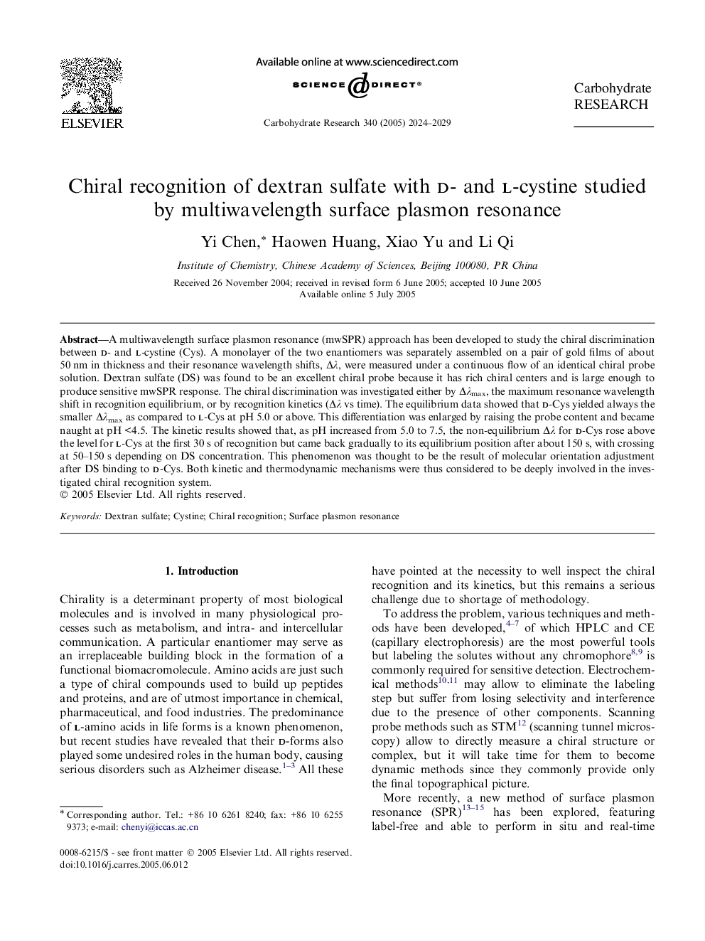 Chiral recognition of dextran sulfate with d- and l-cystine studied by multiwavelength surface plasmon resonance