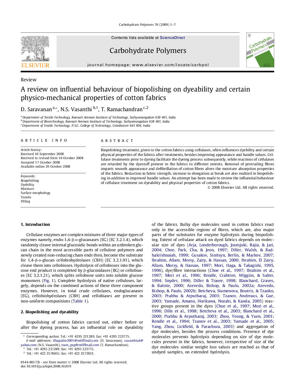 A review on influential behaviour of biopolishing on dyeability and certain physico-mechanical properties of cotton fabrics