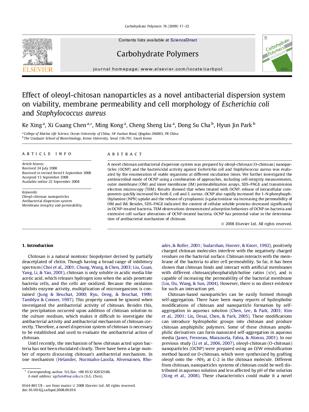 Effect of oleoyl-chitosan nanoparticles as a novel antibacterial dispersion system on viability, membrane permeability and cell morphology of Escherichia coli and Staphylococcus aureus