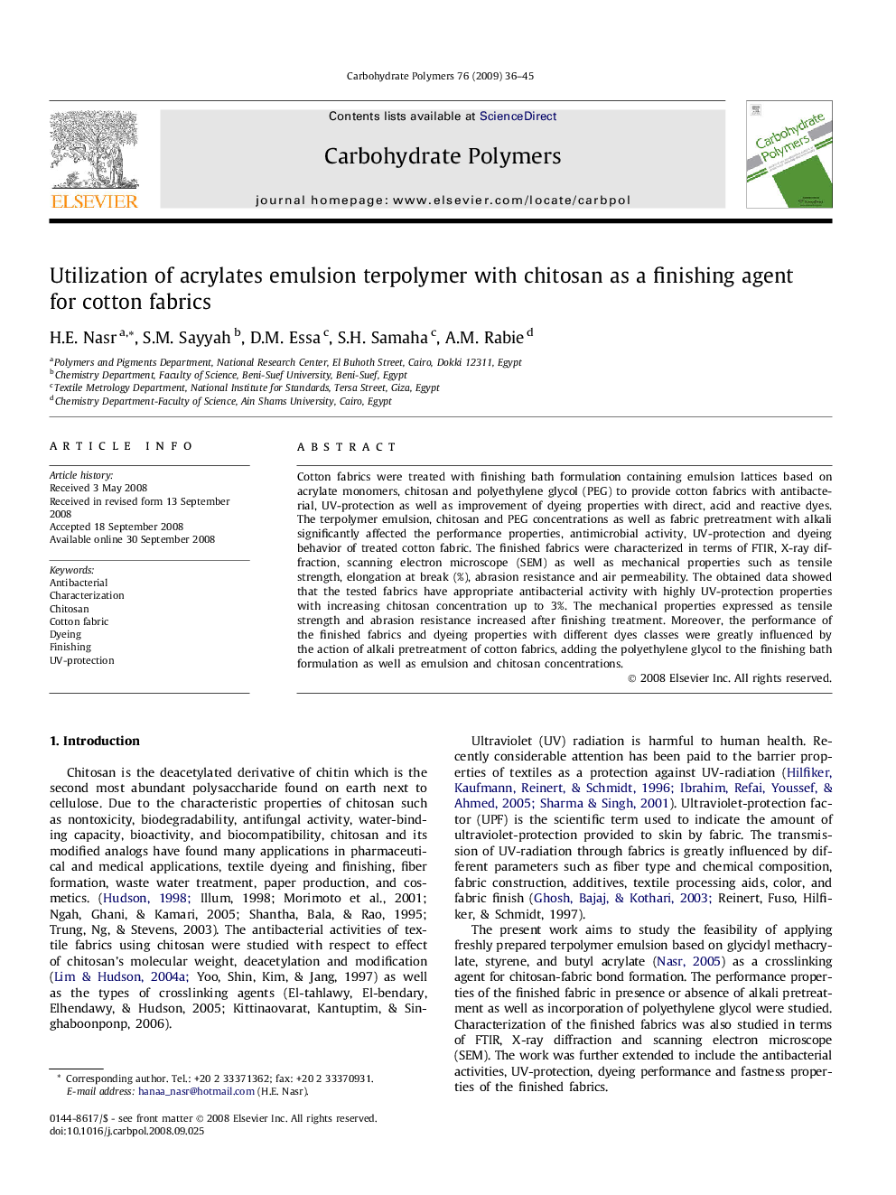 Utilization of acrylates emulsion terpolymer with chitosan as a finishing agent for cotton fabrics