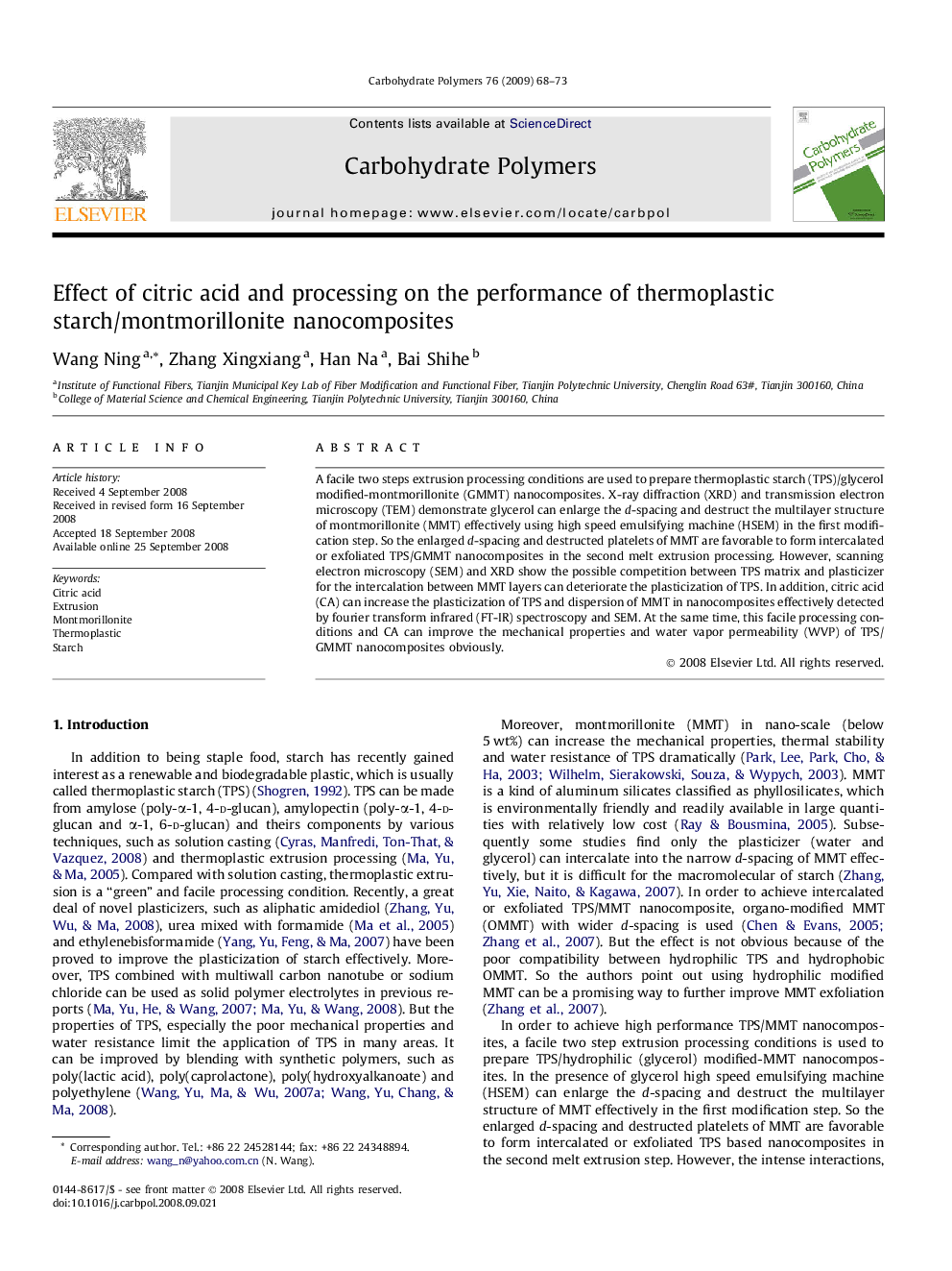 Effect of citric acid and processing on the performance of thermoplastic starch/montmorillonite nanocomposites