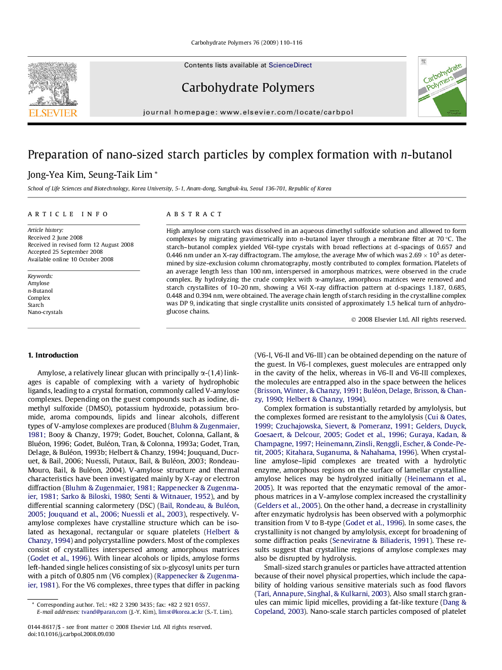 Preparation of nano-sized starch particles by complex formation with n-butanol