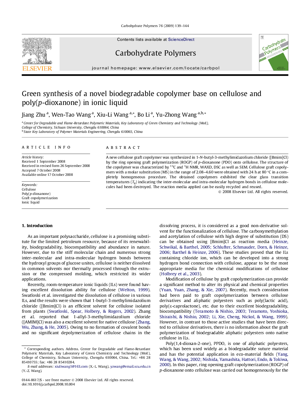 Green synthesis of a novel biodegradable copolymer base on cellulose and poly(p-dioxanone) in ionic liquid