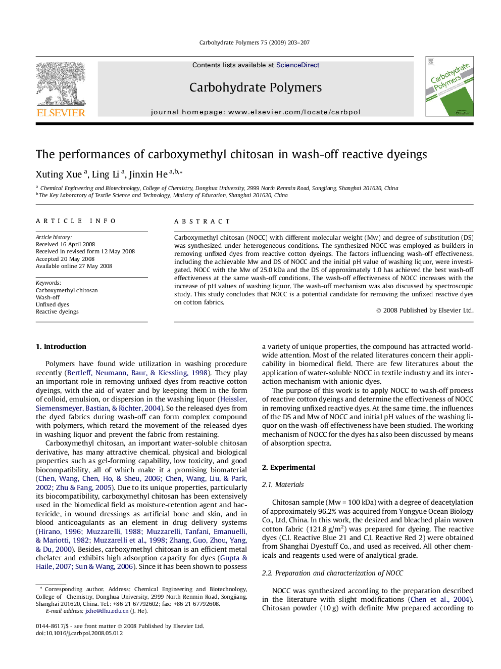 The performances of carboxymethyl chitosan in wash-off reactive dyeings