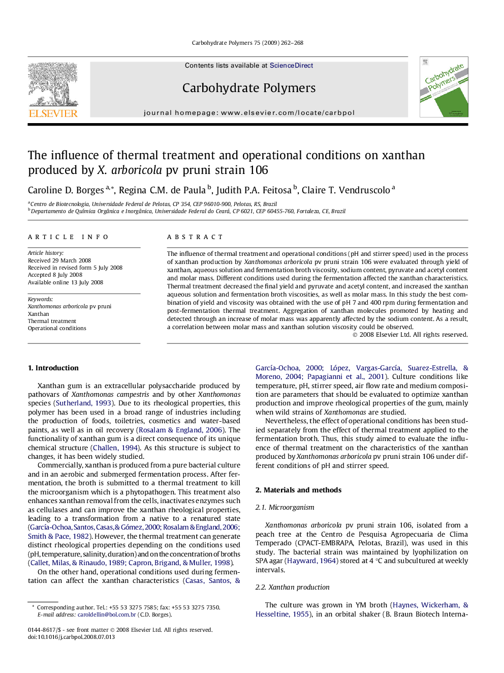 The influence of thermal treatment and operational conditions on xanthan produced by X. arboricola pv pruni strain 106