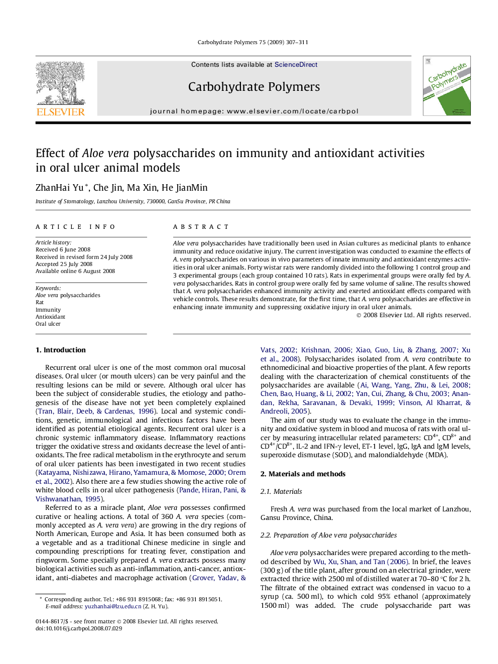 Effect of Aloe vera polysaccharides on immunity and antioxidant activities in oral ulcer animal models