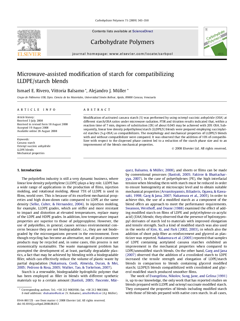 Microwave-assisted modification of starch for compatibilizing LLDPE/starch blends