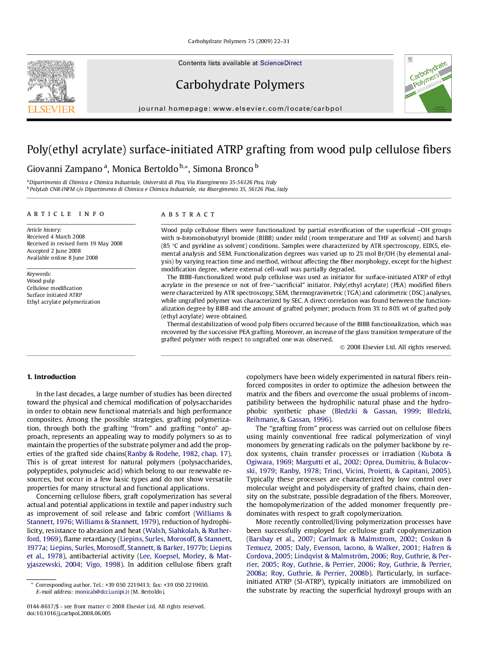 Poly(ethyl acrylate) surface-initiated ATRP grafting from wood pulp cellulose fibers