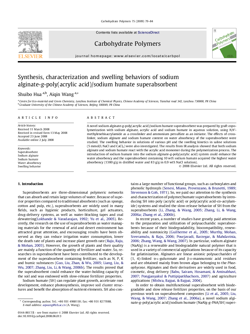 Synthesis, characterization and swelling behaviors of sodium alginate-g-poly(acrylic acid)/sodium humate superabsorbent