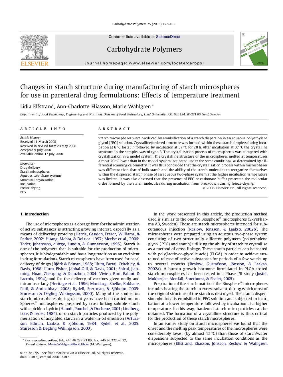 Changes in starch structure during manufacturing of starch microspheres for use in parenteral drug formulations: Effects of temperature treatment