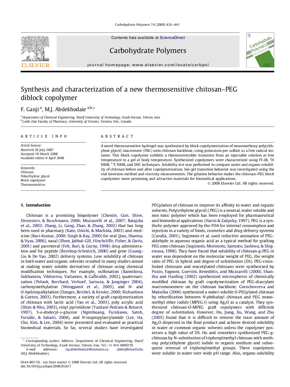 Synthesis and characterization of a new thermosensitive chitosan–PEG diblock copolymer