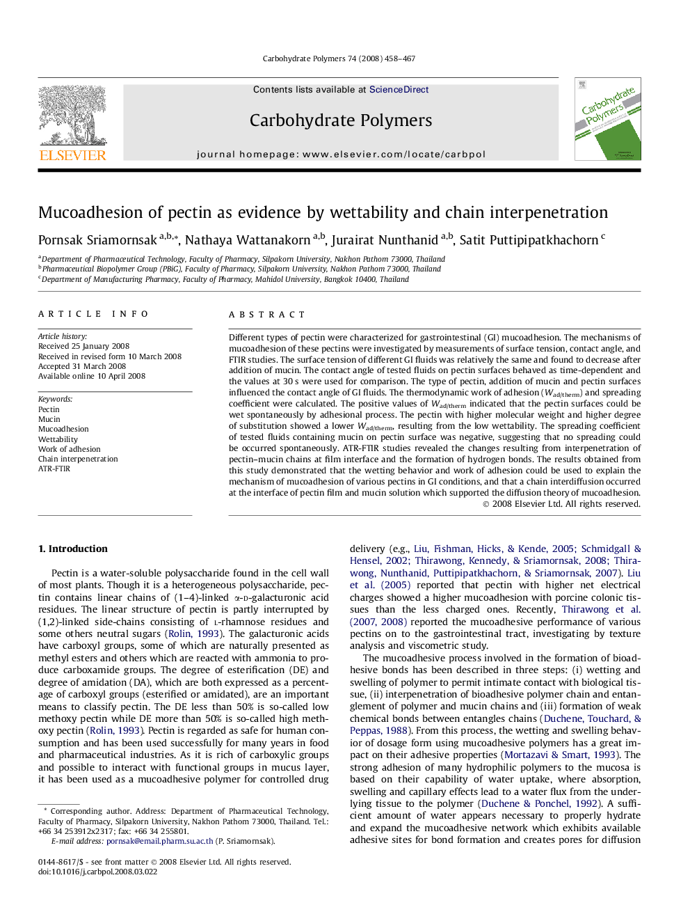 Mucoadhesion of pectin as evidence by wettability and chain interpenetration