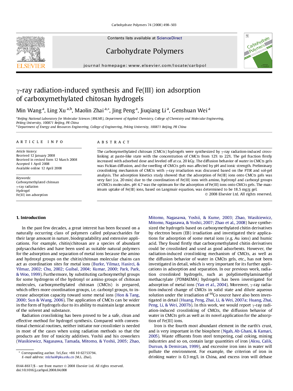 γ-ray radiation-induced synthesis and Fe(III) ion adsorption of carboxymethylated chitosan hydrogels