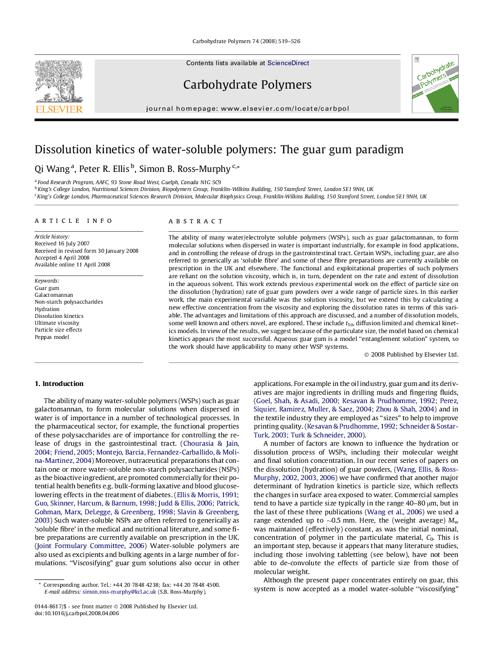 Dissolution kinetics of water-soluble polymers: The guar gum paradigm