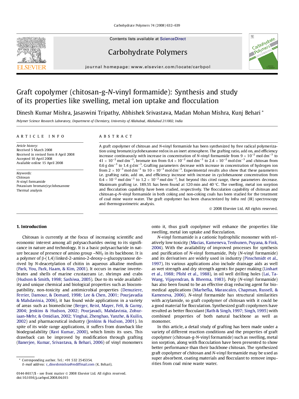 Graft copolymer (chitosan-g-N-vinyl formamide): Synthesis and study of its properties like swelling, metal ion uptake and flocculation