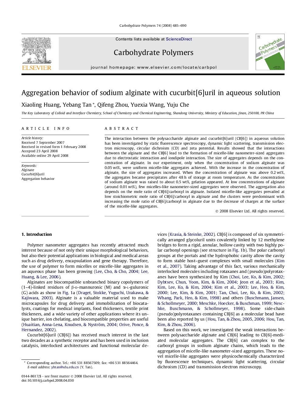 Aggregation behavior of sodium alginate with cucurbit[6]uril in aqueous solution