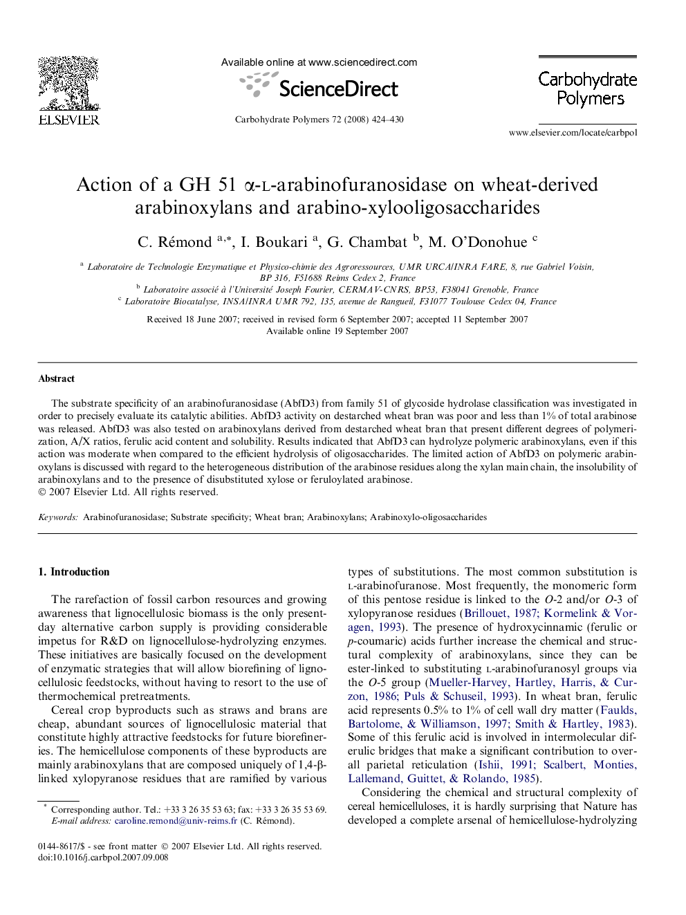 Action of a GH 51 α-l-arabinofuranosidase on wheat-derived arabinoxylans and arabino-xylooligosaccharides