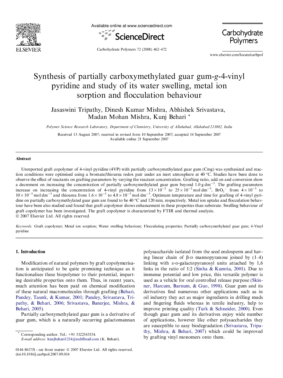 Synthesis of partially carboxymethylated guar gum-g-4-vinyl pyridine and study of its water swelling, metal ion sorption and flocculation behaviour