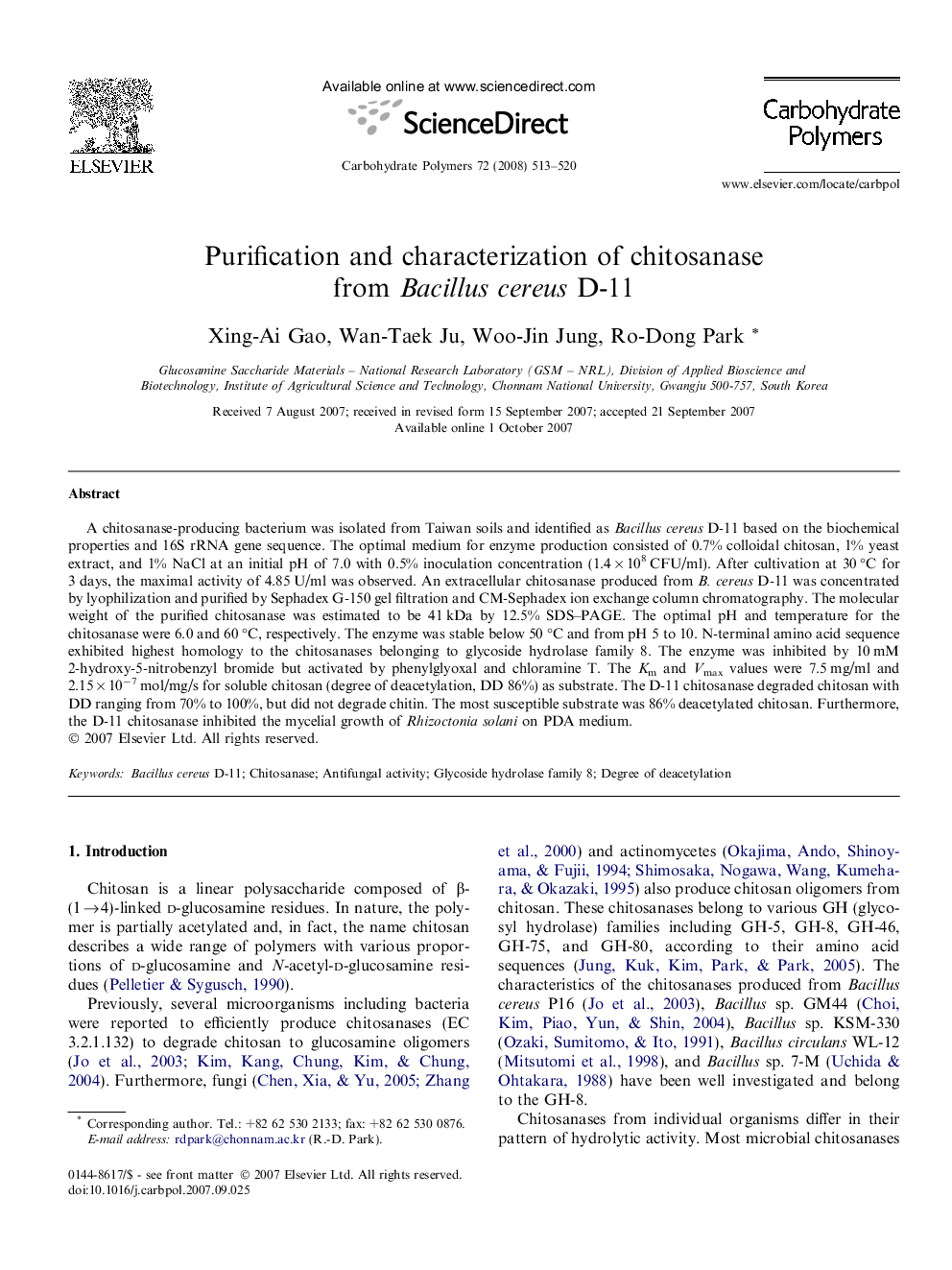 Purification and characterization of chitosanase from Bacillus cereus D-11