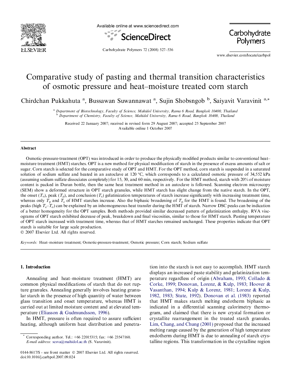 Comparative study of pasting and thermal transition characteristics of osmotic pressure and heat–moisture treated corn starch