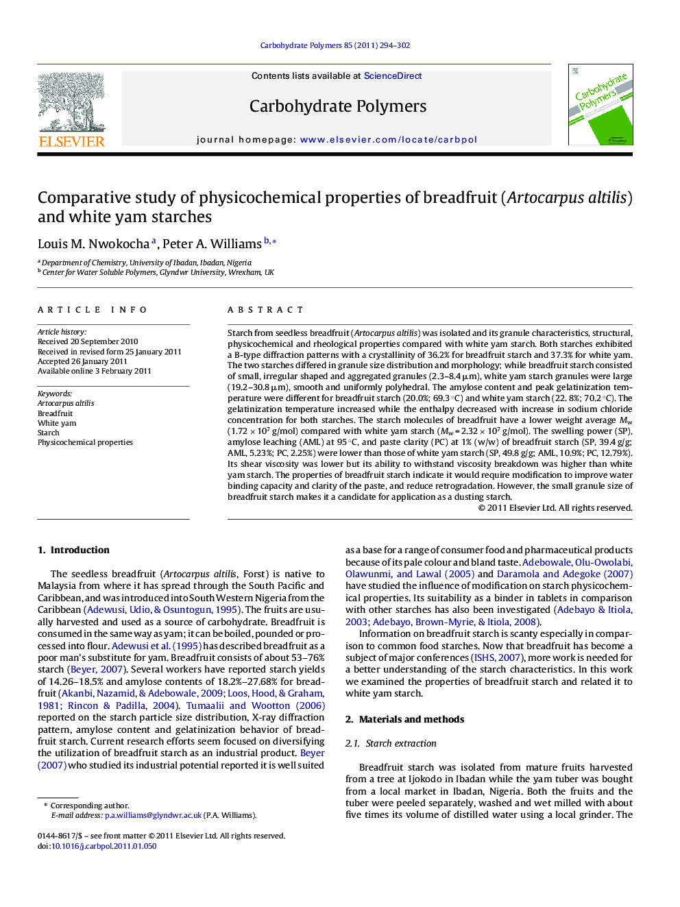 Comparative study of physicochemical properties of breadfruit (Artocarpus altilis) and white yam starches