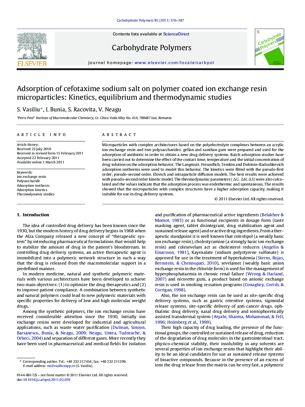 Adsorption of cefotaxime sodium salt on polymer coated ion exchange resin microparticles: Kinetics, equilibrium and thermodynamic studies