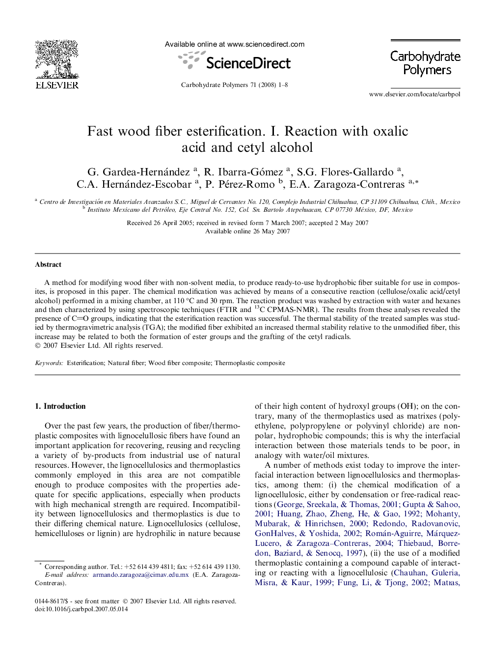 Fast wood fiber esterification. I. Reaction with oxalic acid and cetyl alcohol